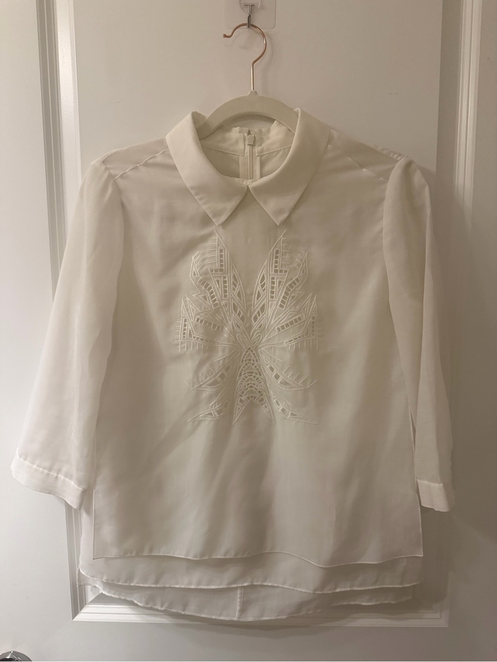 White Embroidered Collared Blouse - Women's Top